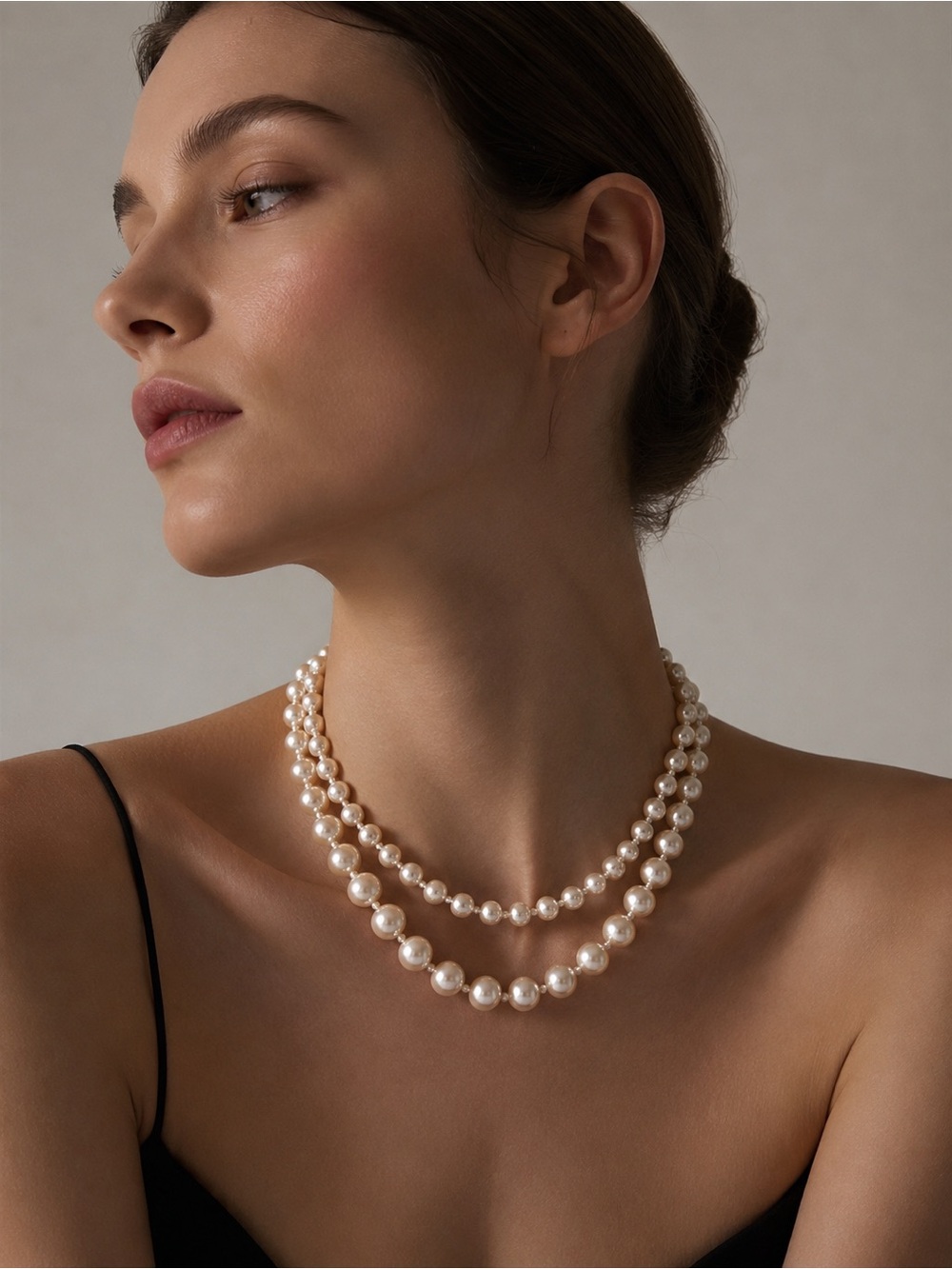 Vintage Double Strand Faux Pearl Statement Necklace with Ornate Clasp